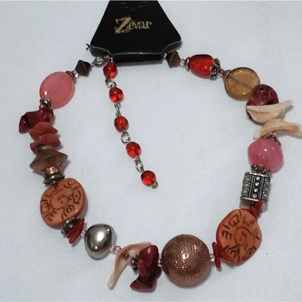 Treska Women Chunky Mixed Media Statement Necklace Red Orange Boho Sun Shell New